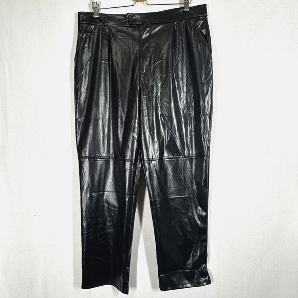 Halston Faux Leather Ankle Length Straight Leg Pants L Black Sexy Party NEW - Picture 1 of 8